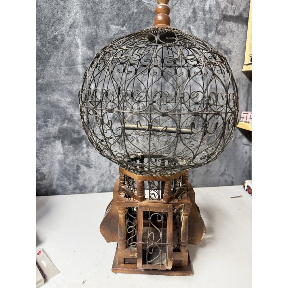 Antique Vintage Victorian Balloon Bird Cage - Carved Wood and Scroll Wire